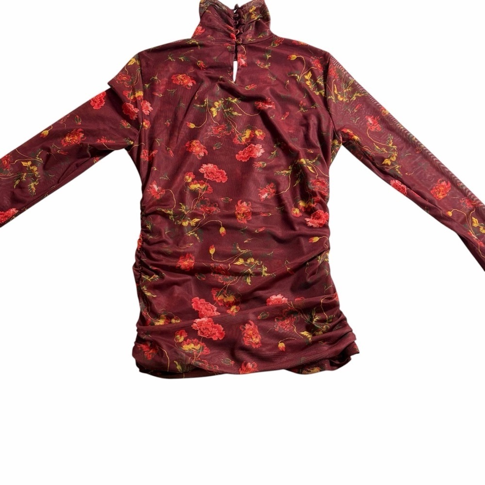 Cinq à Sept Falling Poppies Shirred Mesh Turtleneck | Floral Sheer | XS - Picture 6 of 13